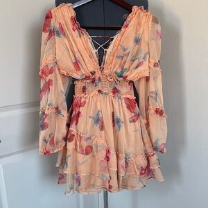 Chic Peach Floral Long Sleeve Dress
